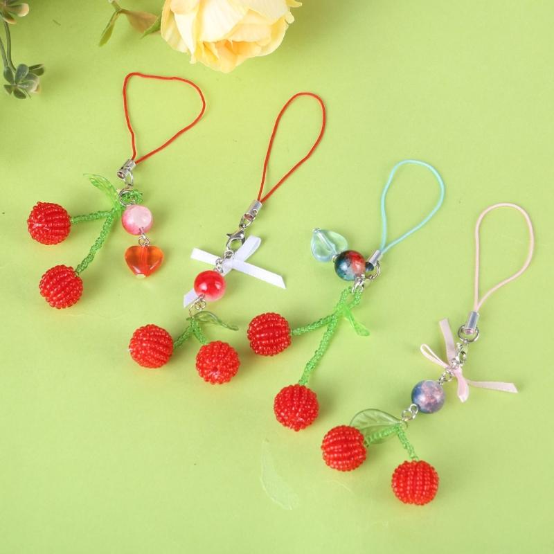 Beaded Cherries Pendant Sweet Phone Chain Strap Hanging Decoration Keychain Lanyard Small Gift for Women Girls