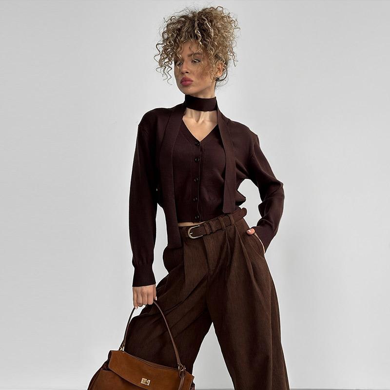 Вязаные кардиганы с V-образным вырезом, женские шикарные однобортные свободные элегантные однотонные свитера для женщин 2025 года, повседневные топы с длинным рукавом для женщин