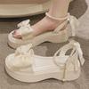 Women's 2024 Summer Fairy Style Platform Sandals with Bow, Thick Sole, Pearl Accent, and One-Strap Design