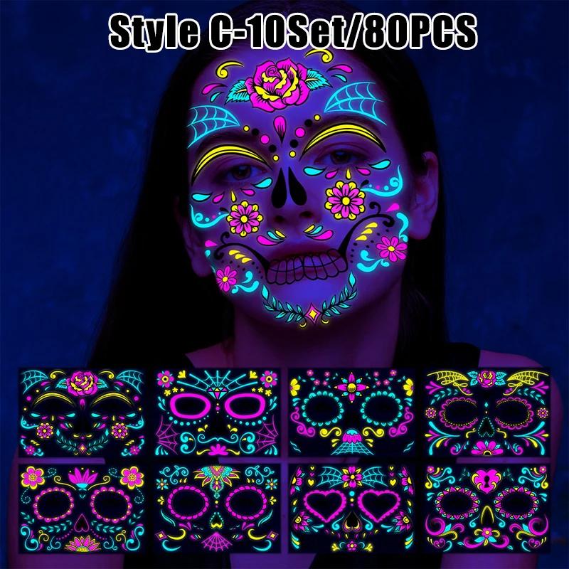 New Glow The Dark Tattoos Stickers Fake Face Temporary Tattoos Makeup UV Neon Floral Body Paint Tattoo Stickers Decorations