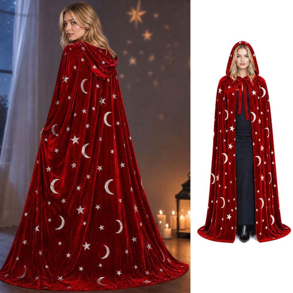 Moon and Star Print Halloween Hooded Cloak with Oversized Hood Cosplay Costume