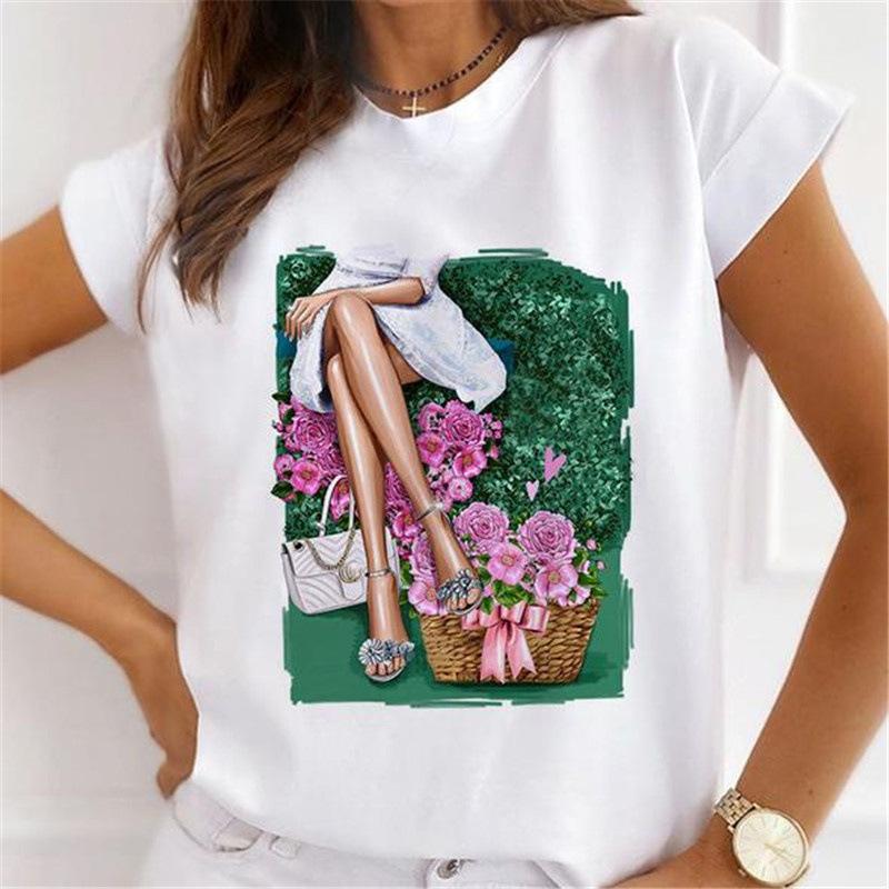 Summer Floral Girl Printed Base Shirt Cute Cartoon Round Neck Plus Size Pure Cotton Short Sleeved Top T-Shirts Women’s