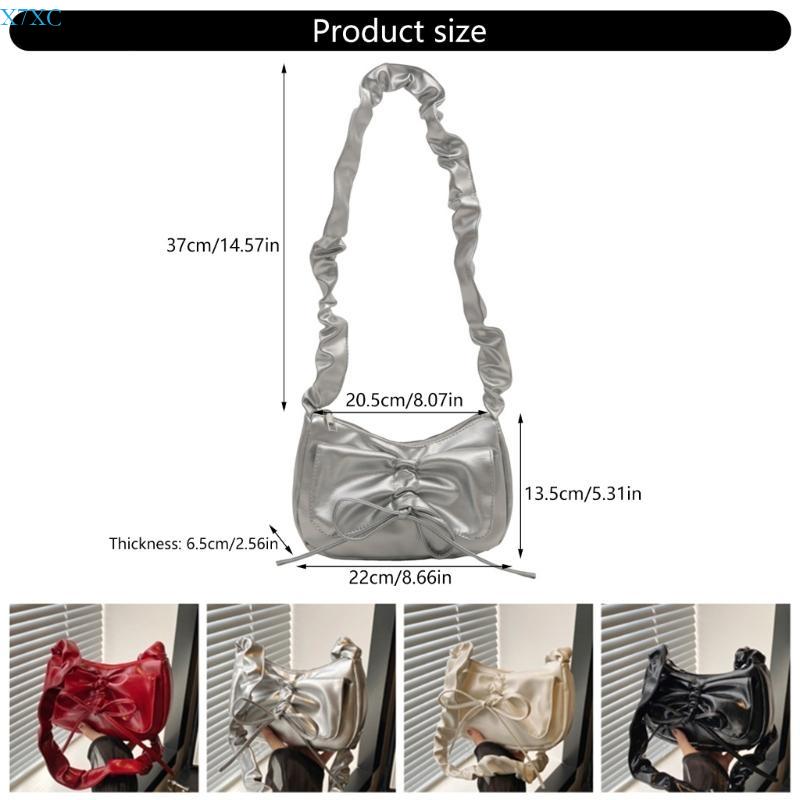 X7XC Trendy Pleated Bowknot PU Leather Shoulder Handbag Elegant Zippered Ruched Underarm Bag Purse for Students and Women