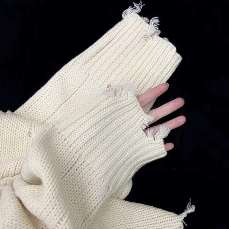 Cropped Knitted Pullovers Women Long Sleeve O-Neck Short Sweaters Girl's Solid Color Casual Irregular Jumpers Streetwear