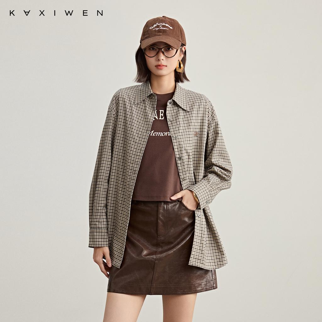 Qianwen Fugu plaid shirt 2026 spring new casual versatile embroidered loose contrasting color top for women