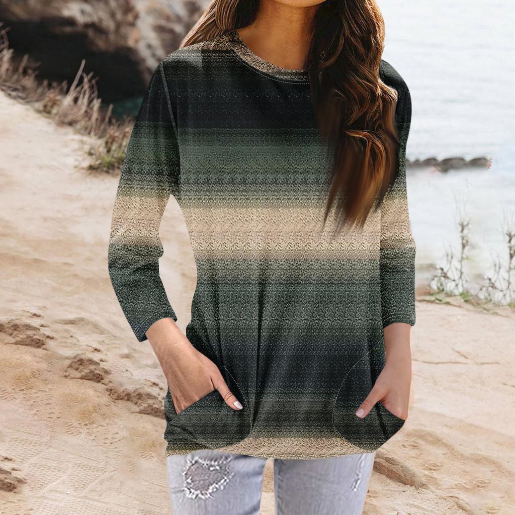 Женская модная повседневная футболка с карманом и круглым вырезом с рукавами 3/4 и топом