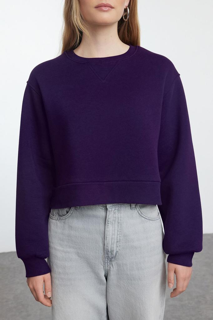 Women's Fashionable Stylish Sweatshirt Purple Thick Fleece Inside Relaxed Wide Fit Crop Basic Knitted Sweatshirt