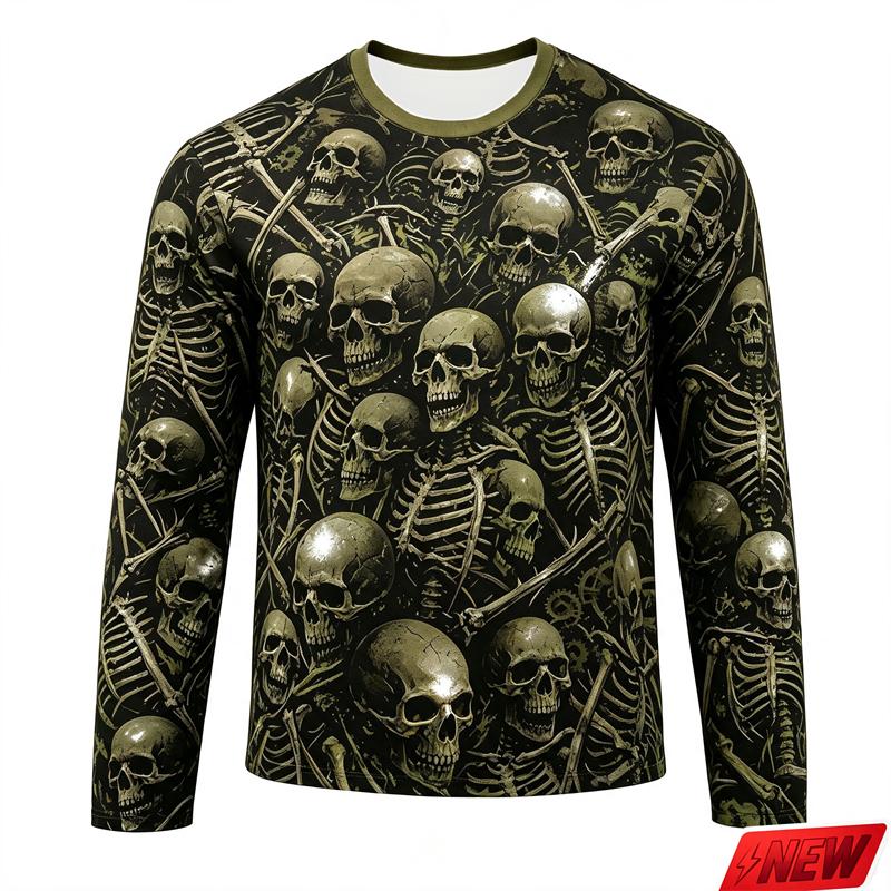 Halloween Men's Scary Skull Print T-Shirt Fashionable Trendy Street-Style Long Sleeve Loose-Fitting Breathable Men's Top