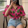 Летняя женская блузка с лацканами, рукавами-буфами и принтом в гавайском стиле