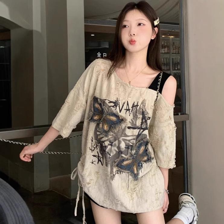 2025 Summer Chic Butterfly Off-Shoulder Women's Distressed Short Sleeve T-Shirt