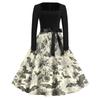 Women's Casual Fashion Halloween Print Square Neck Vintage Style Long Sleeve Dress with Waist Tie Belt Retro A-Line Midi Dress for Fall