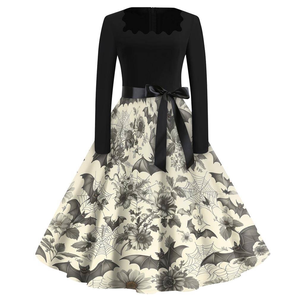 Women's Casual Fashion Halloween Print Square Neck Vintage Style Long Sleeve Dress with Waist Tie Belt Retro A-Line Midi Dress for Fall