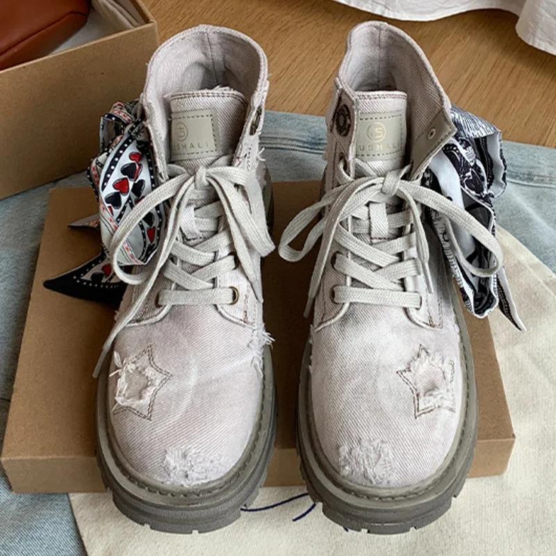 Женские ботинки Cowboy Ribbon Ankle Boots Platform Shunky на шнуровке New Motorcycle Boots Winter Fashion New Trend Walking Zapatos Mujer