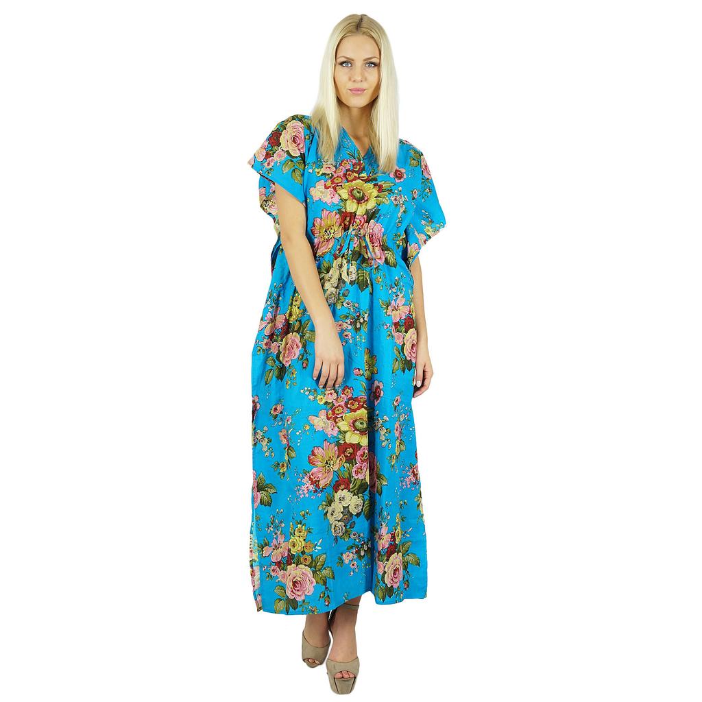 Bimba Женский длинный хлопковый кафтан с синим цветочным принтом Ночная рубашка Классическое платье-кафтан