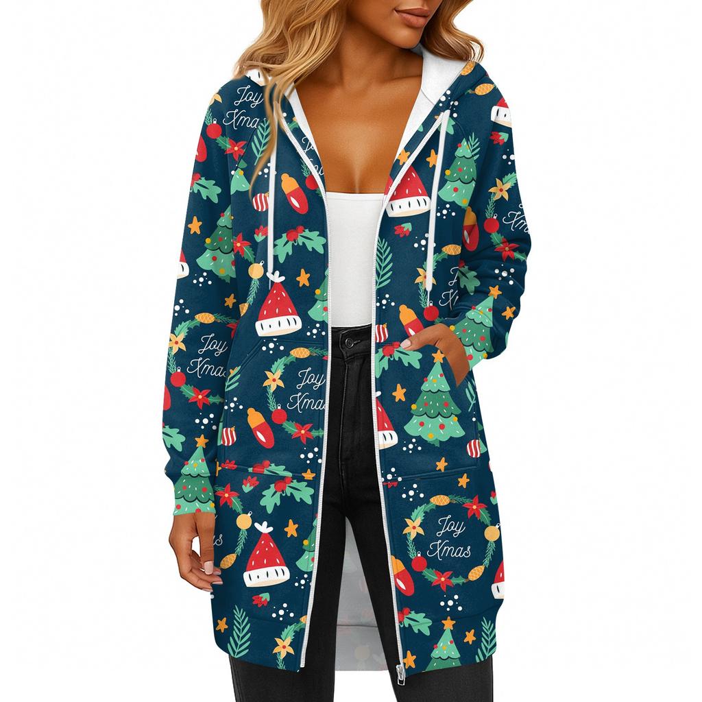 Women's Fashionable Christmas Printed Long Sleeved Drawstring Hooded Zipper Pocket Long Casual Sweatshirt Jacket