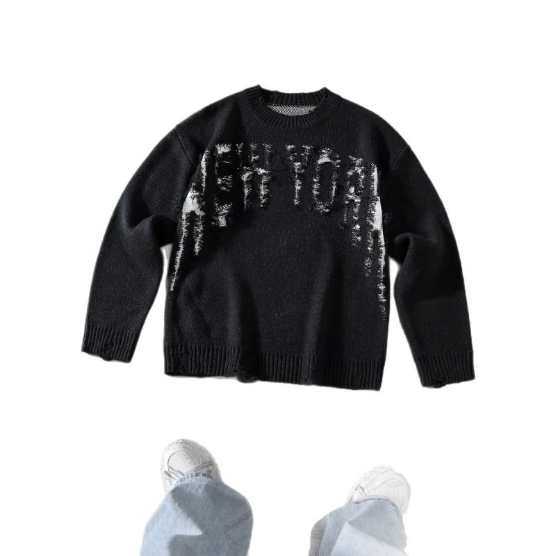 Oversized Streetwear Knit Sweater With Letter Jacquard Distressed Holes - Unisex Winter Pullover Hip Hop Style