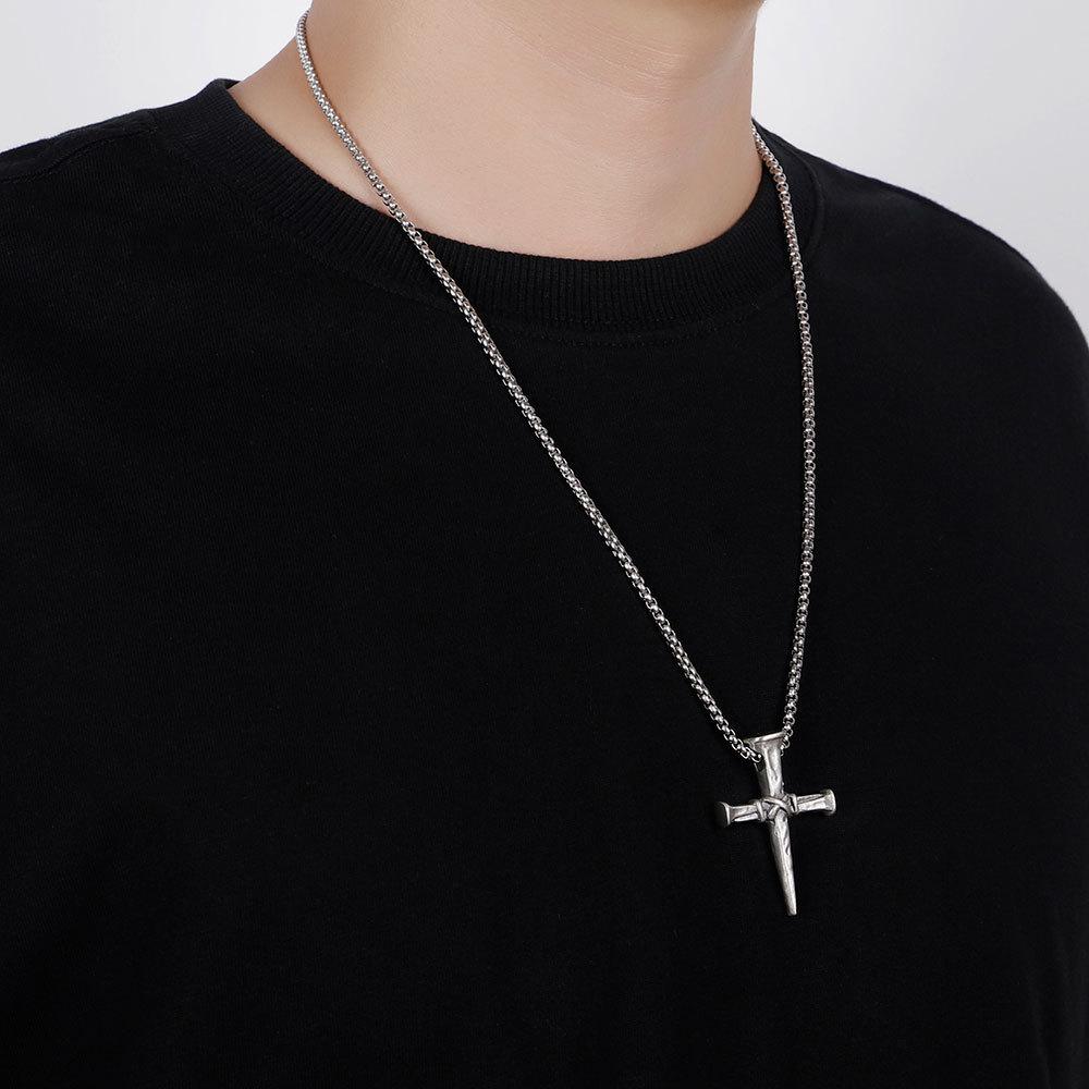 Personality Trend European and American Hip Hop Punk Style Nail Cross Pendant Street Classic Trendy Man Titanium Steel Necklace