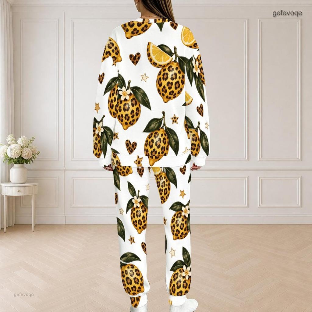 Women Plus Size Round Neck Long Sleeve White Printed Top With Pockets Long Pants Two Piece Set