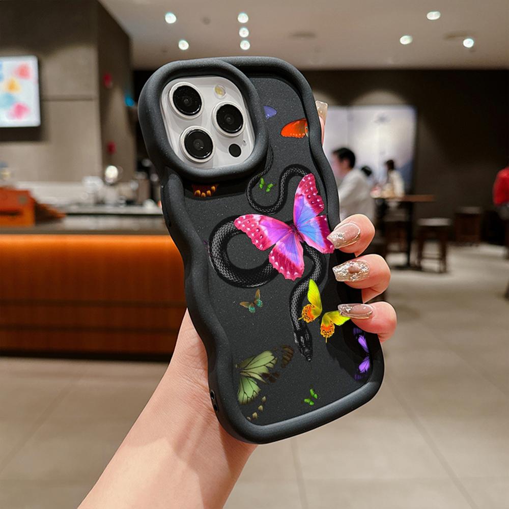 Чехлы для телефонов N77 butterfly Black Gold Snake Macaron Wavy Edge для iPhone 16 Pro Max Samsung S24 Plus S23 Ultra A35 A55 Redmi Note 13, противоударный чехол