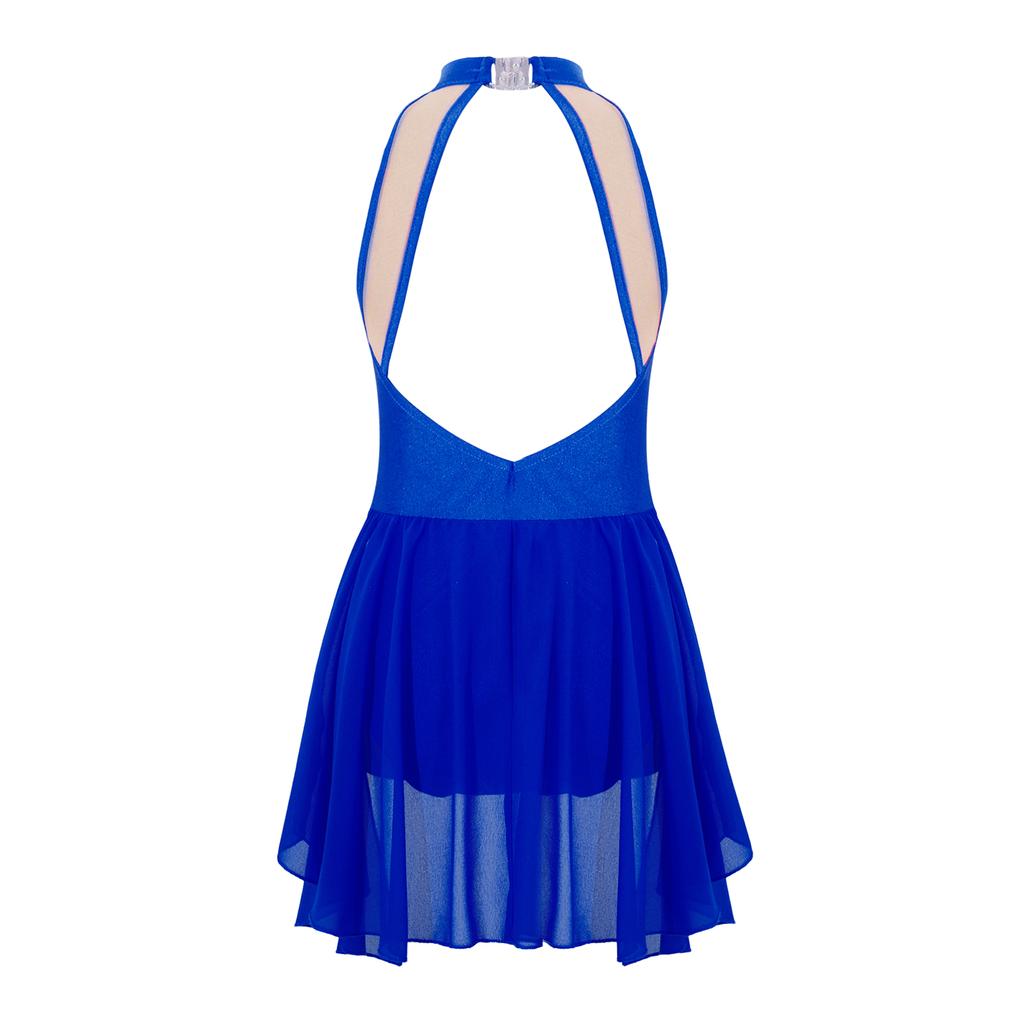 Kids Girls Elegant Chiffon Dress Sleeveless Stand Collar Backless Rhinestone Floral Stage Costume