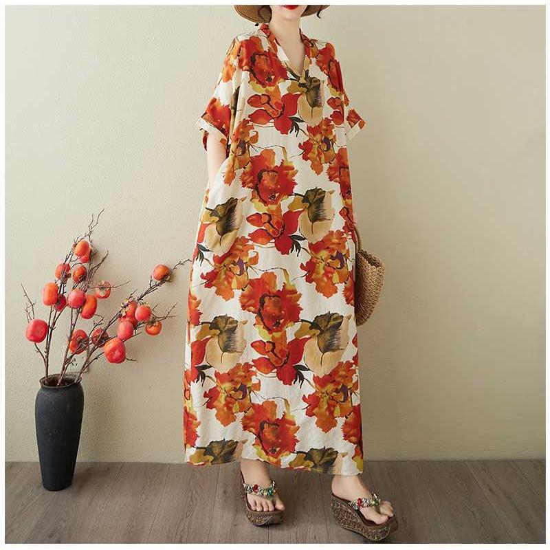 Women's Vintage Long Dress with Cotton and Linen Patterns