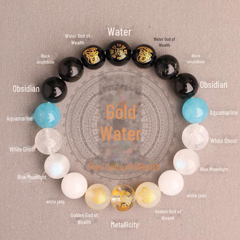 Двойной элемент Вода и Дерево Пятисторонний Бог Богатства Благоприятный Кристалл Браслет для Мужчин и Женщин