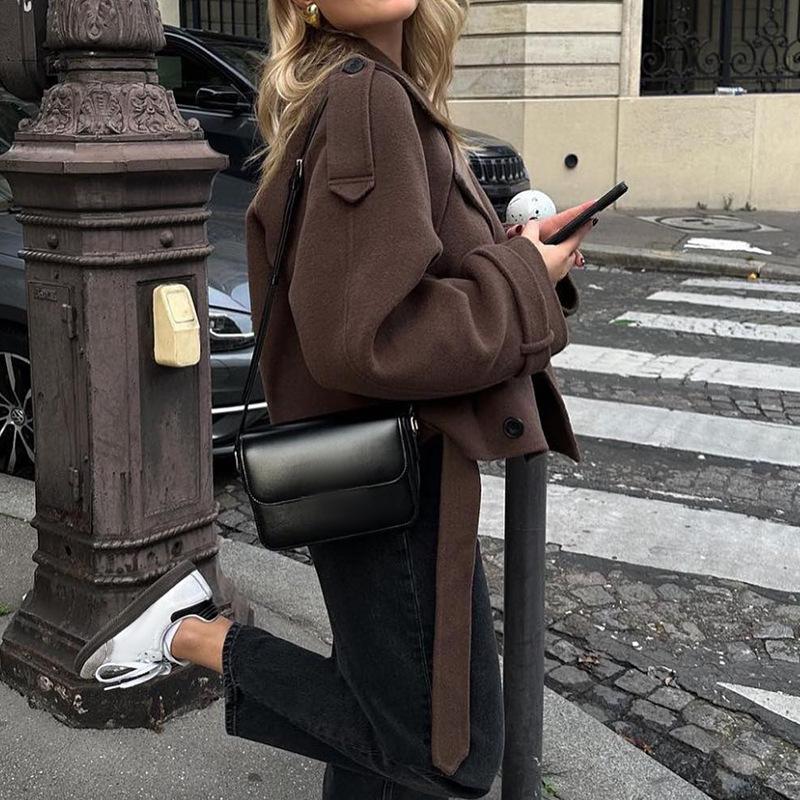 2024 Осень и зима женское шерстяное пальто персонализированный уличный костюм воротник шнуровка длинный рукав куртка пальто для женщин