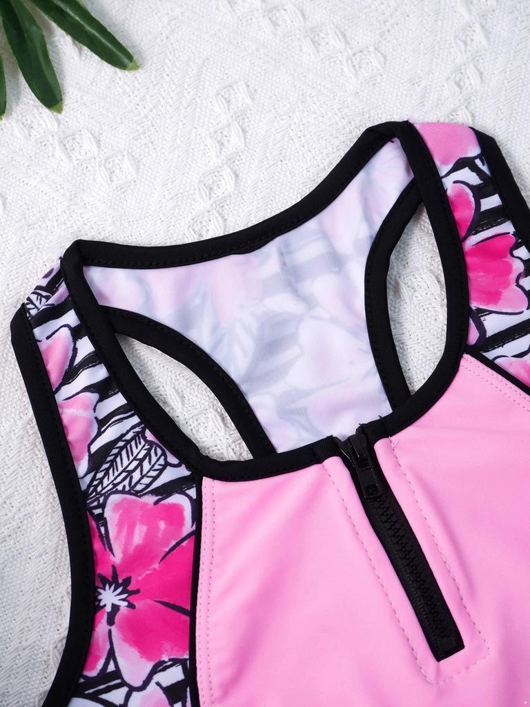 Девочки без рукавов борцовка майка майка эластичный пояс шорты цветочный принт танкини купальник