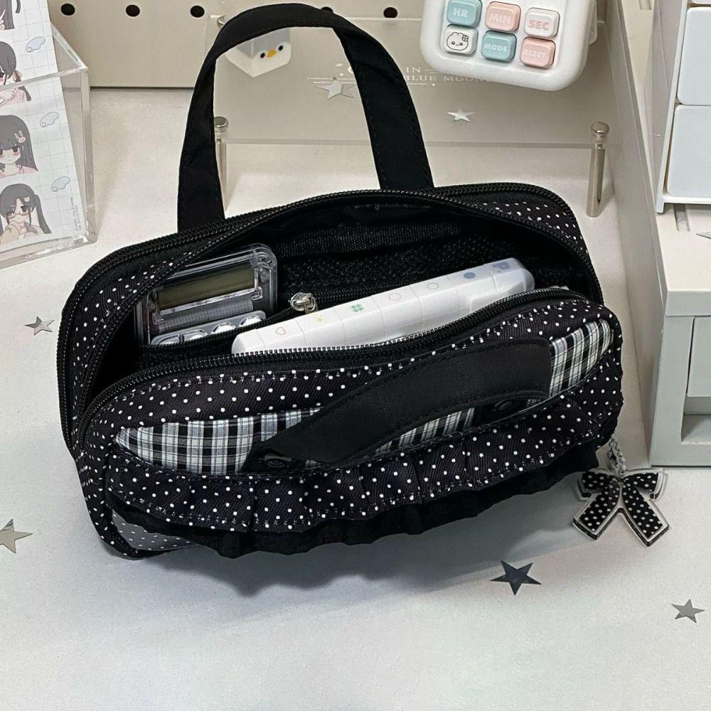 Handheld Pencil Case Plaid Polka Dot Stationery Bag Aesthetic Stationery Organizer  Students