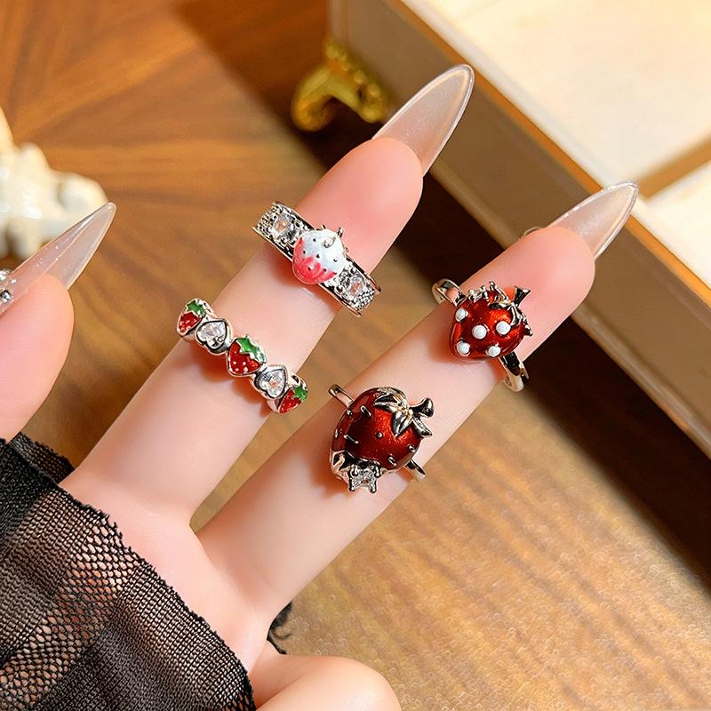 Niche Premium Stack‑Wear Open Ring Vibrant Sweet Girly Fruit Enamel Drop‑Glaze Strawberry Zircon Adjustable Fashion Jewelry