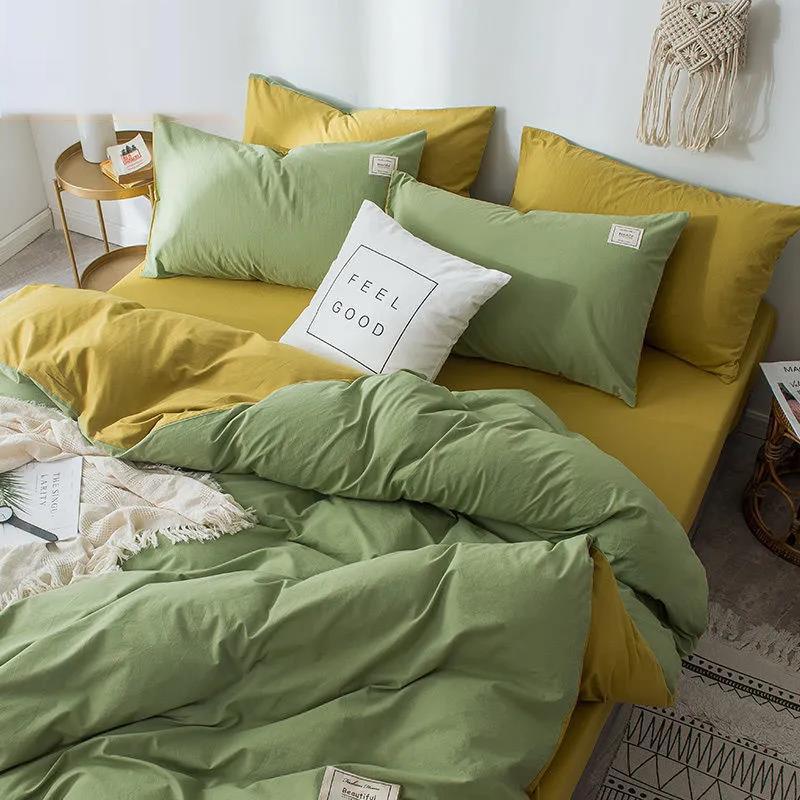 Современный простой комплект постельного белья из чистого хлопка, однотонная однотонная двуспальная кровать из четырех частей