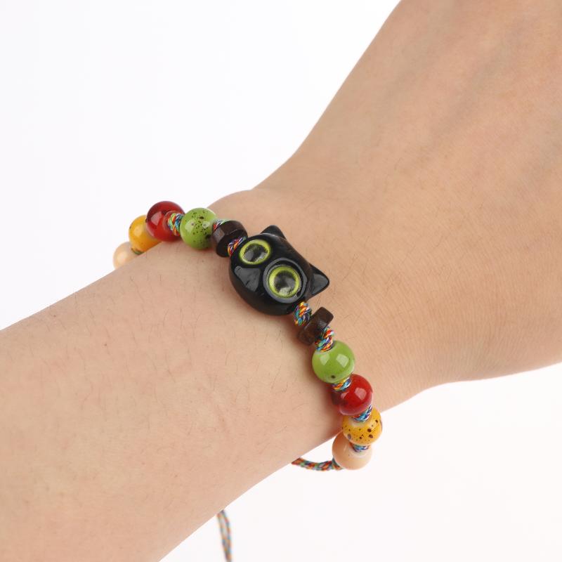 1Pcs Fashion Black Cat Beaded Bracelet Adjustable Braided Cord One Size Fits Most for Daily Wear Birthday Gift