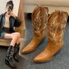 High Heels Mid Calf Pleated Boot for Women Autumn Winter Brown Pu Leather Western Boots Thick Heeled Cowgirl Zapatos Mujer