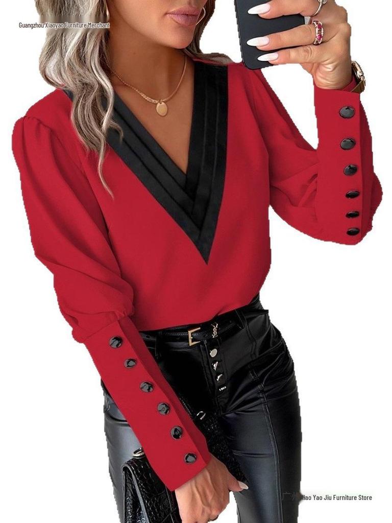 2026 Autumn Fashion V-Neck Solid Color Long Sleeve Button-Up Women's Shirt