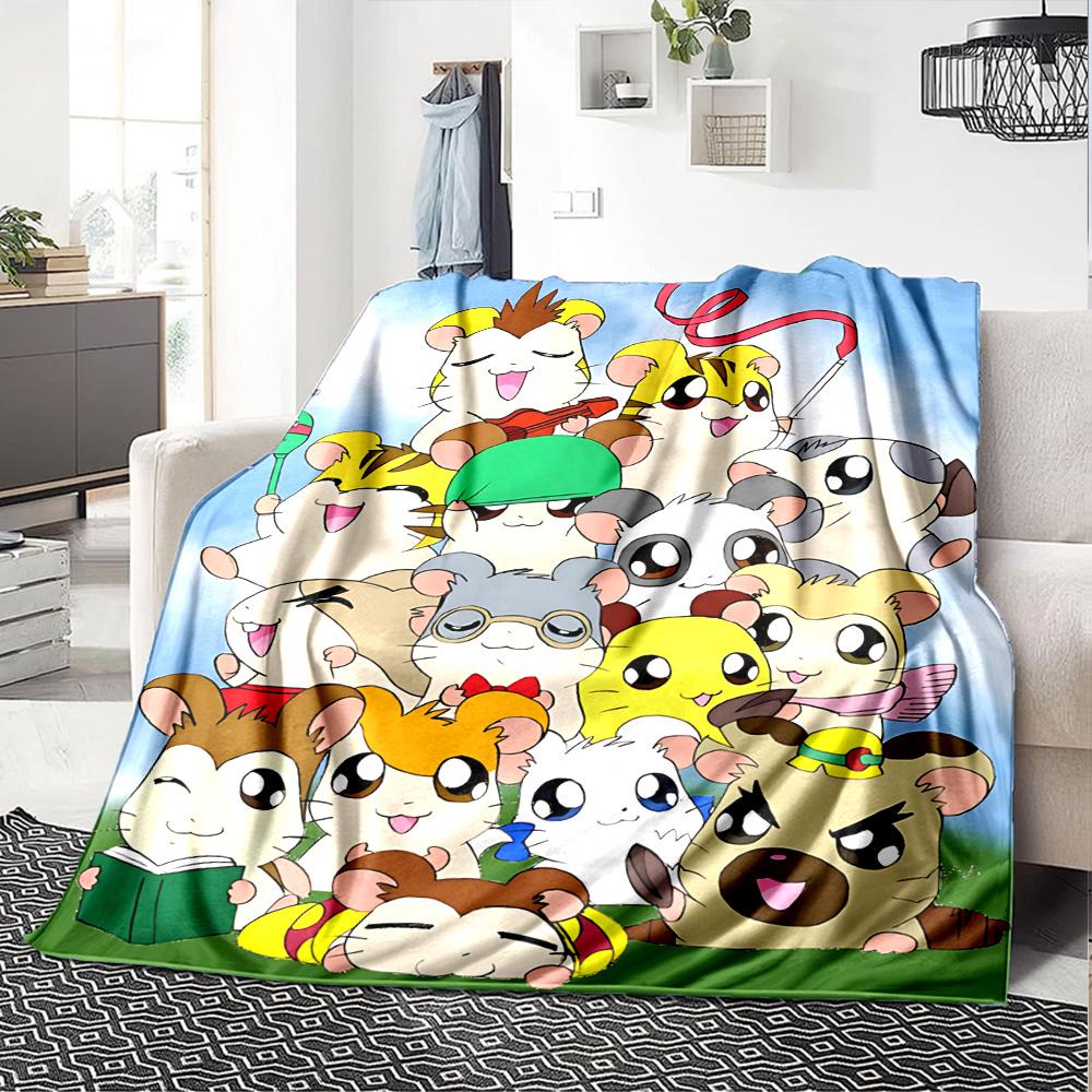 Cute Cartoon Hamster Characters Flannel Blanket Super Soft Warm Cozy Blanket for Sofa Bed Office Travel All‑Season Home Decor Gift