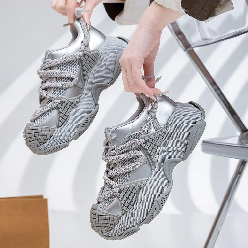 Leather 25 Years Old Summer New Mecha Dad Shoes Women Round Head Mesh Mesh Shoes Thick Sole Heightening Splicing Casual Shoes Women