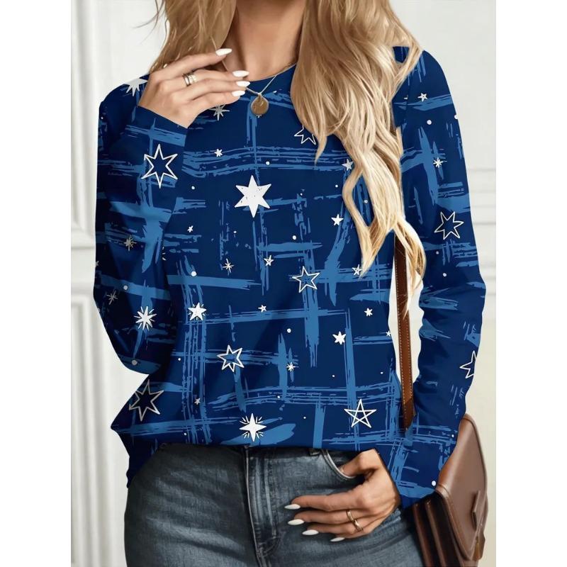 Women's Autumn and Winter 3D Star Printed Crew Neck Long Sleeve T-Shirt