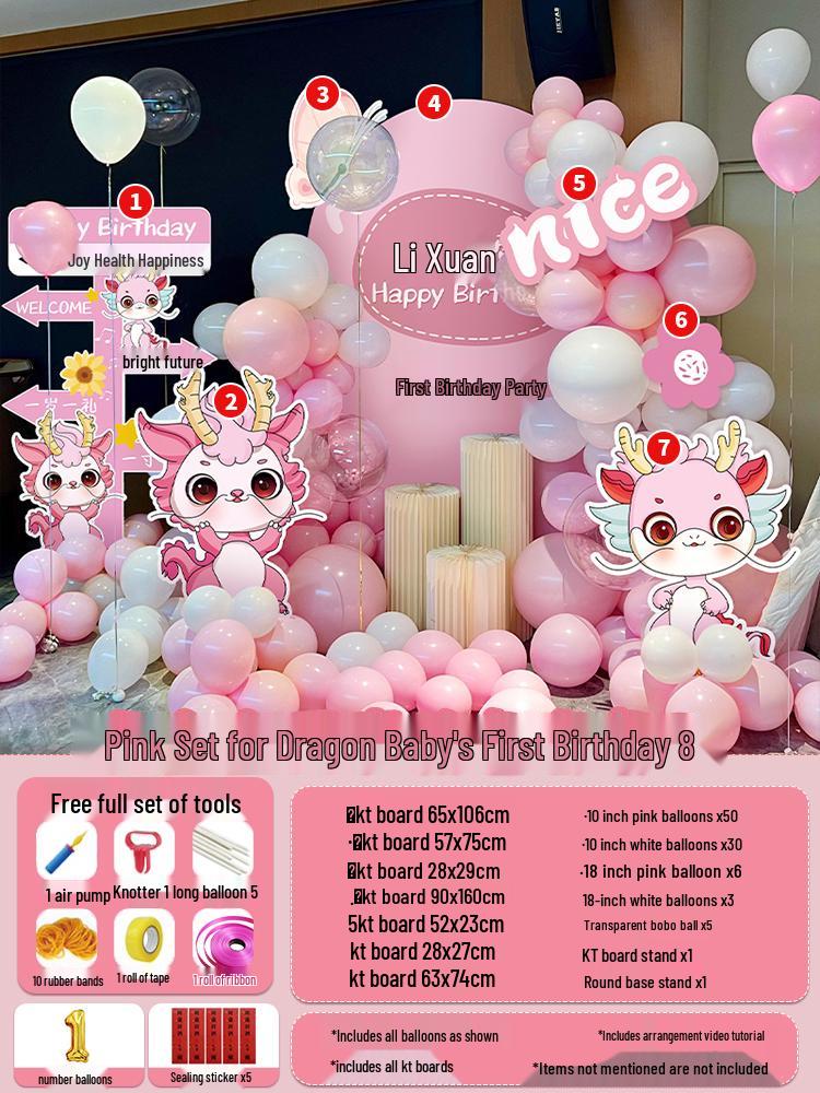 Воздушные шары с драконами и фон из КТ-картона для празднования первого дня рождения девочки