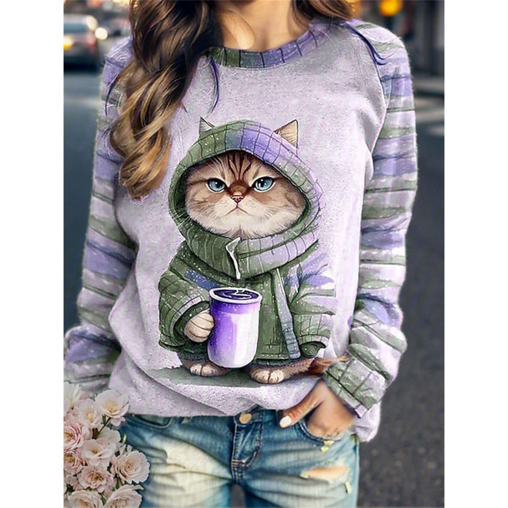 Женская толстовка с круглым вырезом, животное, кошка, 3D-печать, стиль на плече, одежда