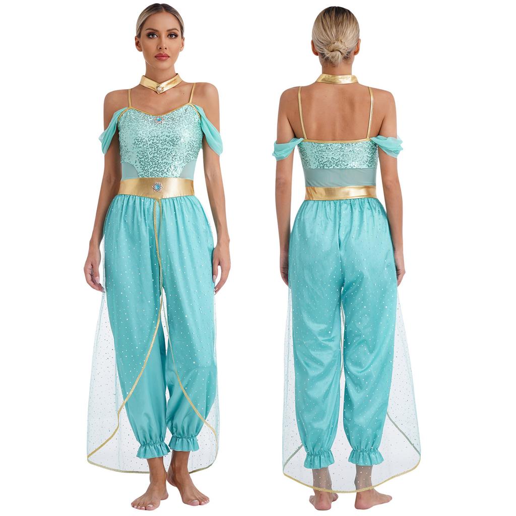 Women's Princess Costume Set Sequins Jumpsuit Long Wide Trousers Carnival Cosplay Party Dance Fancy Dress Outfit