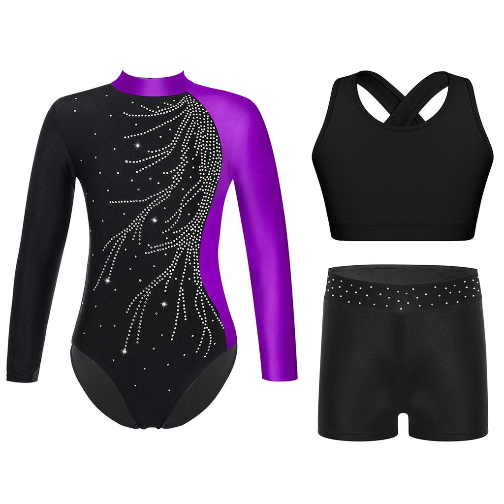 Girls Dance Outfit Set Mock Neck Long Sleeve Keyhole Back Color Block Design Leotard with Vest Shorts