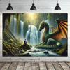 2D Fantasy Dragon & Warrior Tapestry Enchanted Forest Waterfall Background Cloth