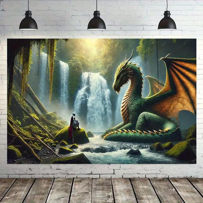 2D Fantasy Dragon & Warrior Tapestry Enchanted Forest Waterfall Background Cloth