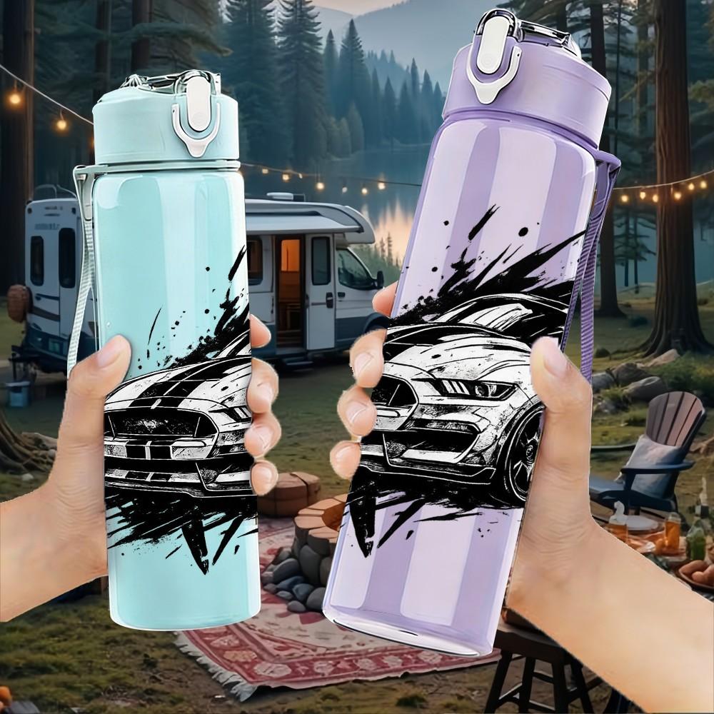 1PC Black Muscle Car Splash Art Print 750ml Color Plastic Sports Water Bottle Leakproof Flip Straw Lid Suitable for Sports Office Home Use