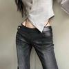 Vintage Distressed Low Waist Jeans Grunge Asymmetrical Waist Denim Pant Korean Fashion Black Flare Jeans Kpop Streetwear