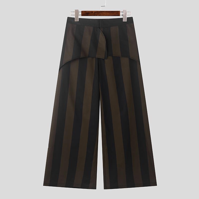 INCERUN Мужские повседневные свободные длинные брюки с застежкой-молнией и полосатыми брюками