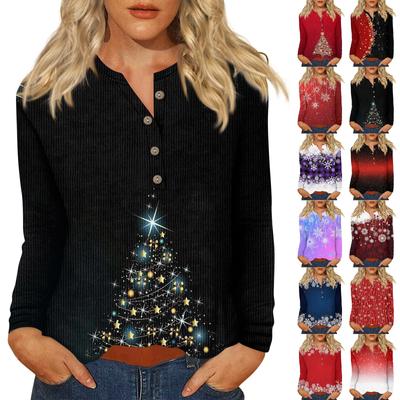 Жен. Футболка Футболка С принтом Пуговицы Длинный рукав Повседневные Выходные Мода Классический V-образный вырез Обычный Верх