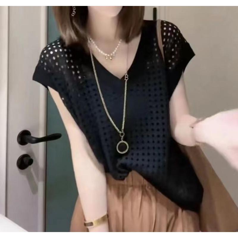 Летний тонкий ажурный трикотажный жилет с V-образным вырезом, женские топы