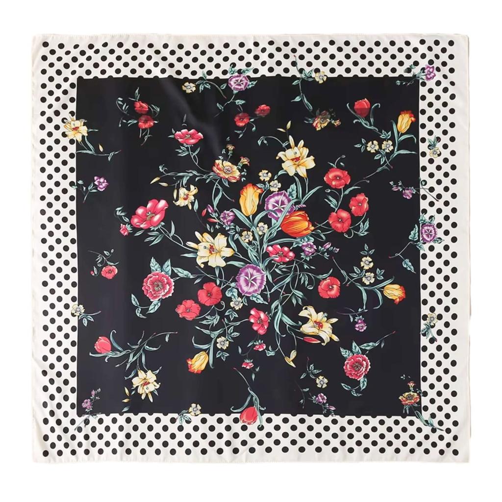 Women' Black Floral Scarf 70X70 - Silky With Geometric Frame