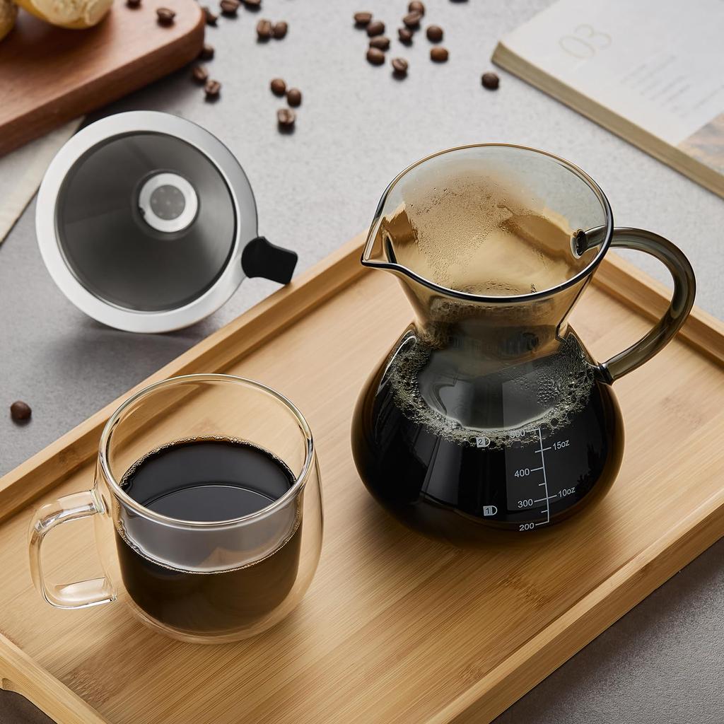 POKALOTEA Drip Coffee Server, Ink Black, 500ml, No Paper Coffee Filter Required, Reusable Stainless Steel Filter, Double-Layer Mesh, Microwave Safe,